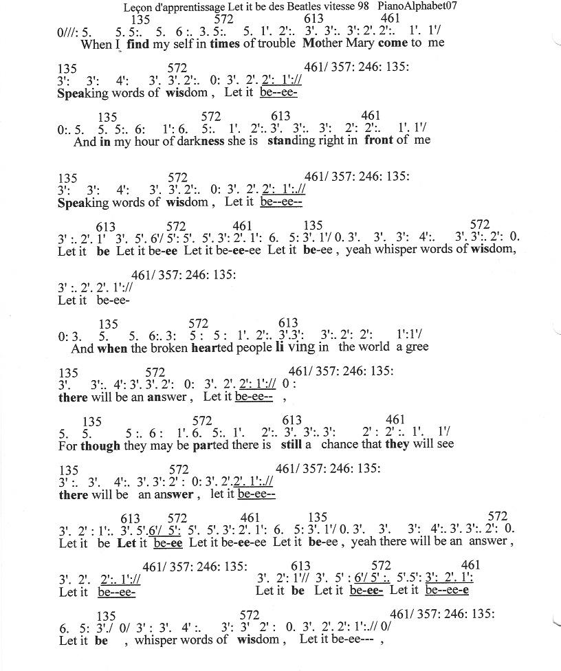 Page 1, Voici un \u00e9chantillon gratuit Let it be des Beatles en num\u00e9ro PianoAlphabet07